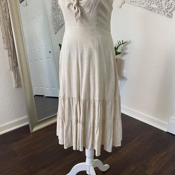 Nude Cream Linen Rayon Blend Romantic Cottage Core Linen Tiered Midi Dress S - Picture 3 of 8